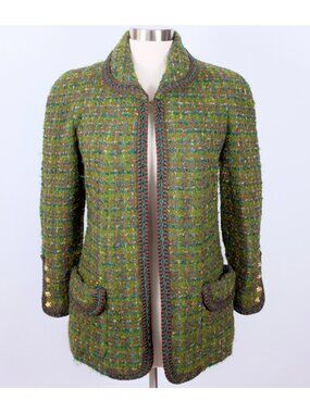 Chanel 1990 long jacket green tweed 40 US 8 vintage open front